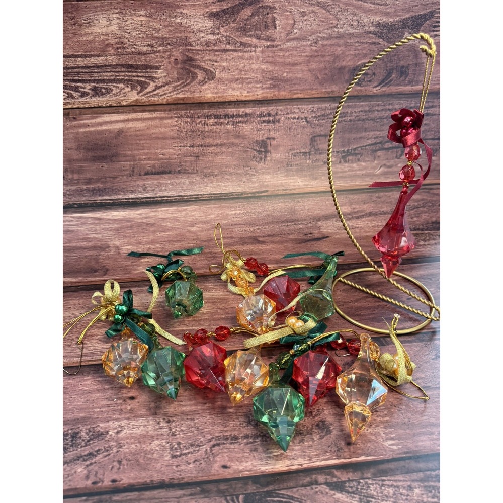 Lot of 12 Vtg Clear Acrylic Faceted Dangle  Ornaments Gold Trim 4-5" Long